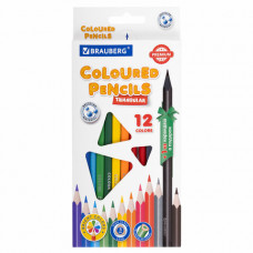 Карандаши цветные пластиковые, BRAUBERG PREMIUM 12 цветов + 1 чернографитный карандаш, трехгранный корпус, грифель 3 мм
